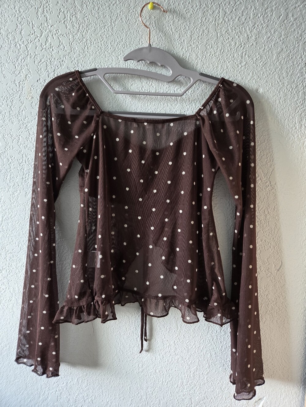 Brown Polka Dot Ruched Mesh Blouse - Picture 4 of 4
